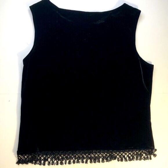 HP! XSCAPE Black Velvet Sleeveless Scoop Neck Top w Crochet Beaded Fringe (L) - Picture 6 of 8